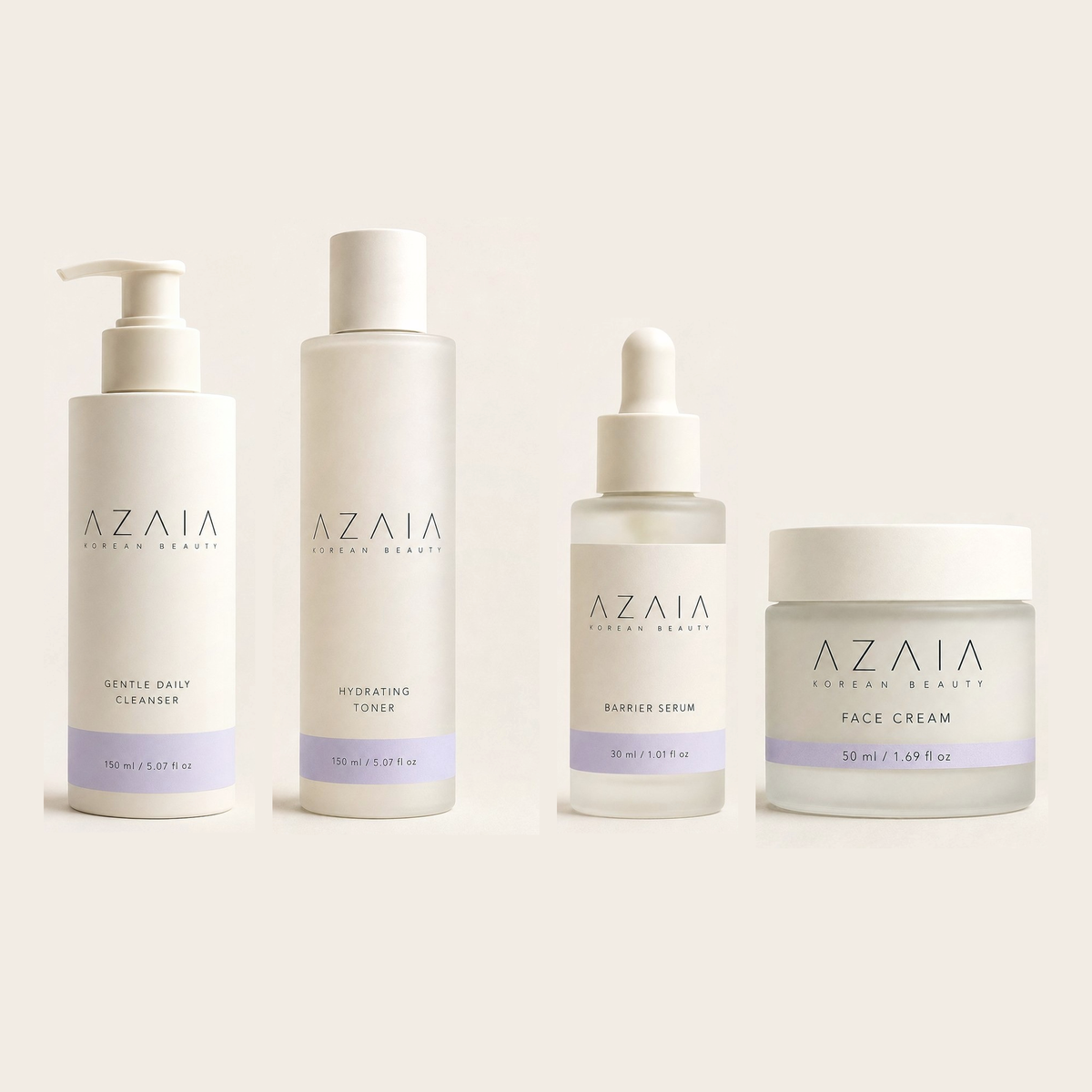 AZAIA Das komplette Ritual – Gentle Daily Cleanser, Hydrating Toner, Barrier Serum und Face Cream